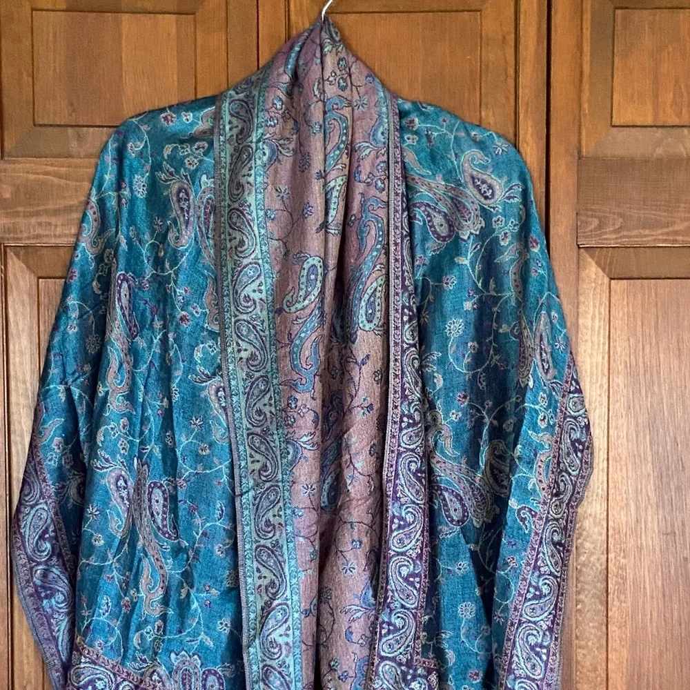 Paisley Print Scarf/Wrap With Gold Fringe ~ Teal, Purple and Brown - Picture 9 of 9